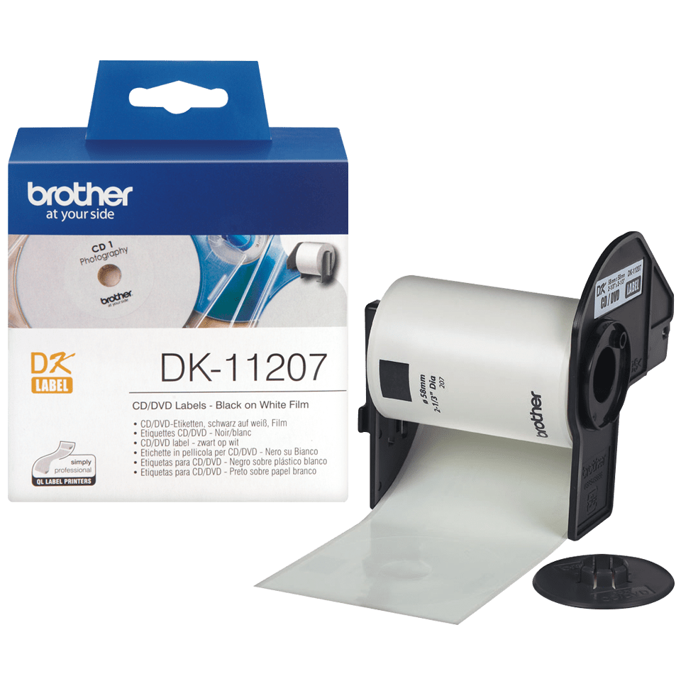Oriģināls Brother DK-11207 CD/DVD plēves uzlīmju lentas rullis – melnas drukas, balts, 58mm diametrā